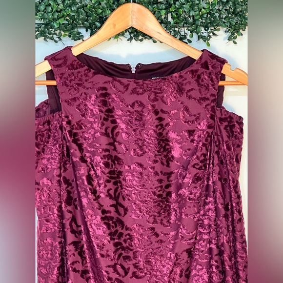 Maggy London Womens 4 Maroon Burnout Velvet Patterned Cold Shoulder Midi Dress - Picture 2 of 10